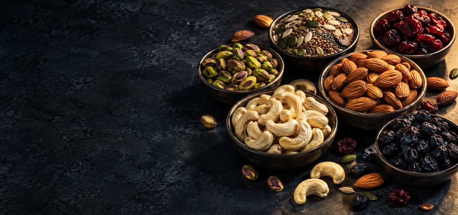 Assorted nuts, seeds and dried fruits in dark bowls