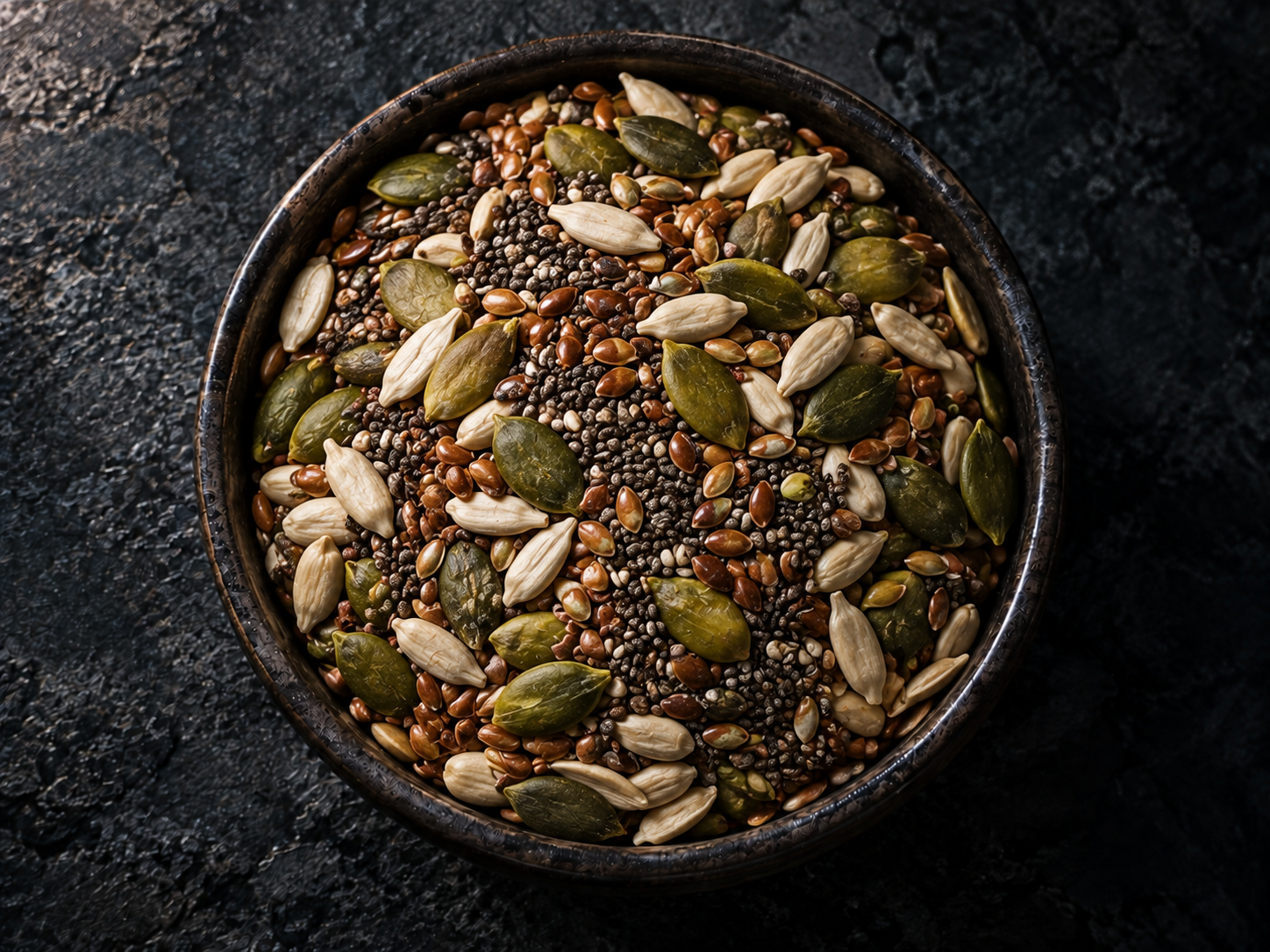 Chia, flax, pumpkin and sunflower seeds in a dark bowl