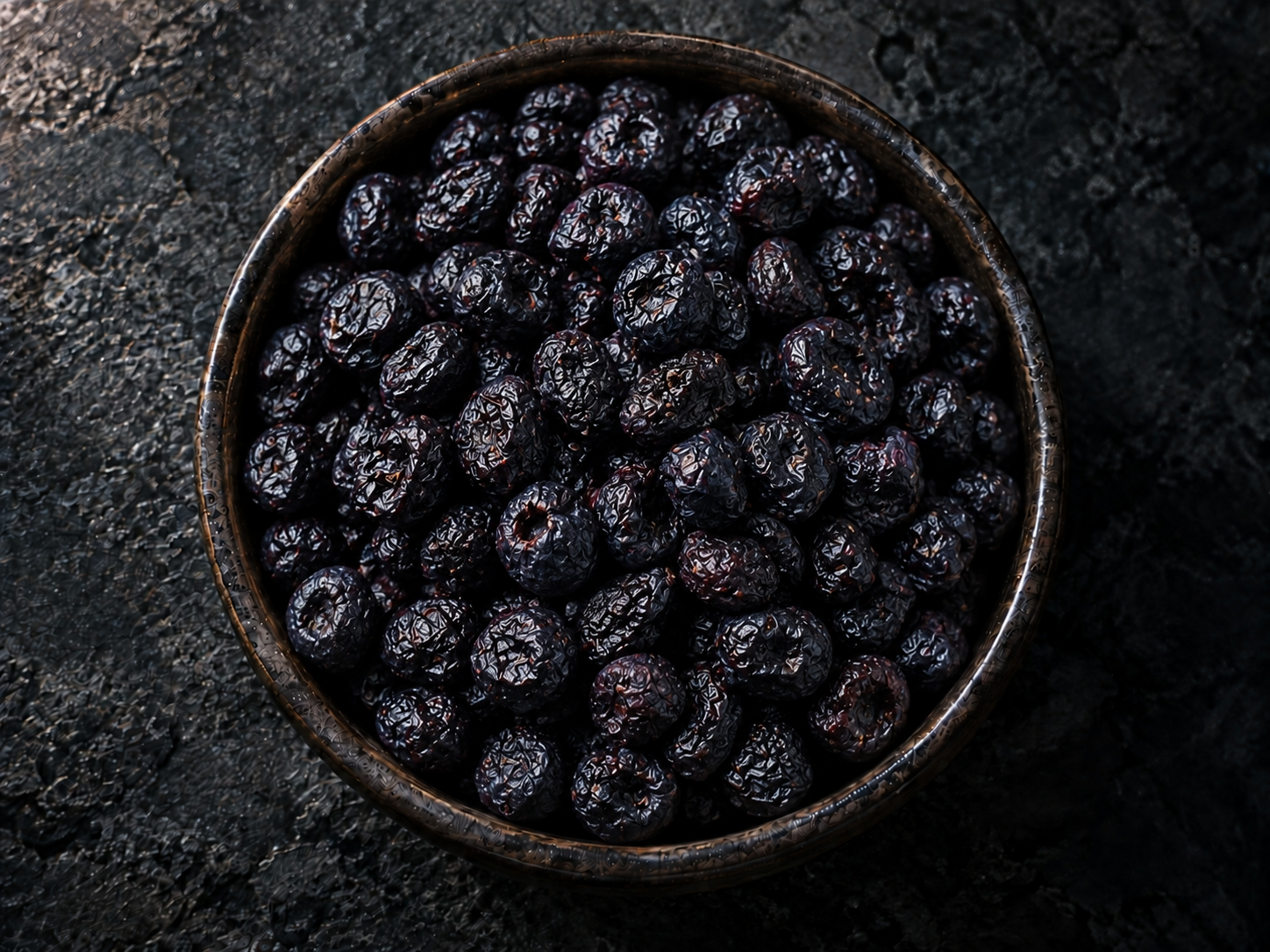 Seedless dried black currants in a dark bowl