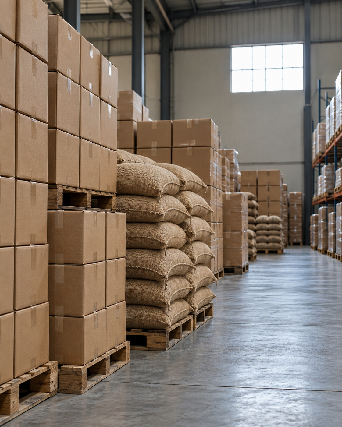 Export cartons and jute sacks stacked in the warehouse
